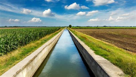 small concrete irrigation canal   rural scene generative ai stock