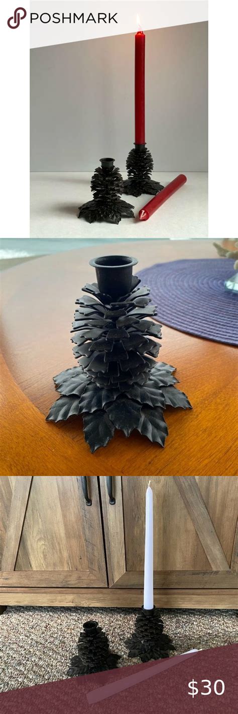 Crate Barrel Metal Pinecone Candle Holders And Candles Set Of 2