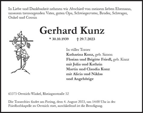 Traueranzeigen Von Gerhard Kunz Vrm Trauer De