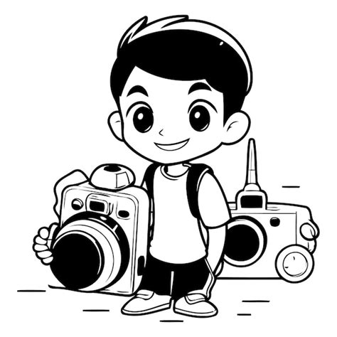 Premium Vector Cute Little Boy With Camera Vector Illustration In