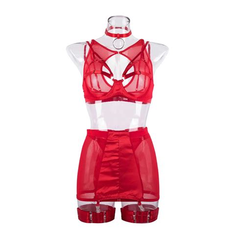 Boss Babe Transparent Bra Garter Skirt Lingerie Set Shiny Fashion LALE LOOK