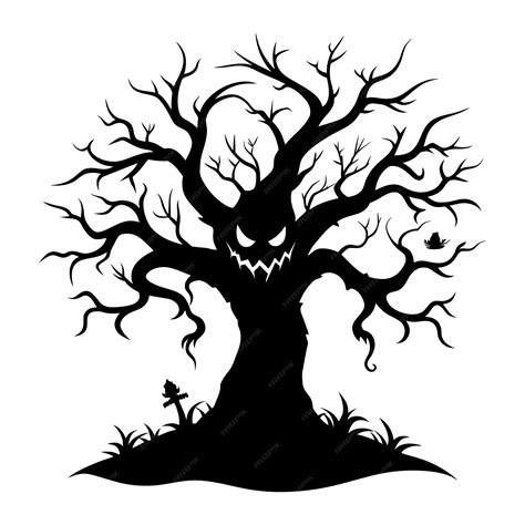 Premium Vector Halloween Tree Silhouette With Scary Face Illustration