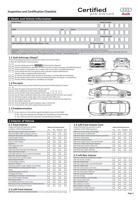 Inspection and Certification Checklist 2 Interior of Vehicle - Audi