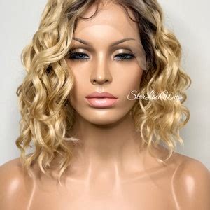Blonde Bob Wig Wavy Lace Front Short Dark Roots Side Part Heat Resistant Synthetic Wigs For