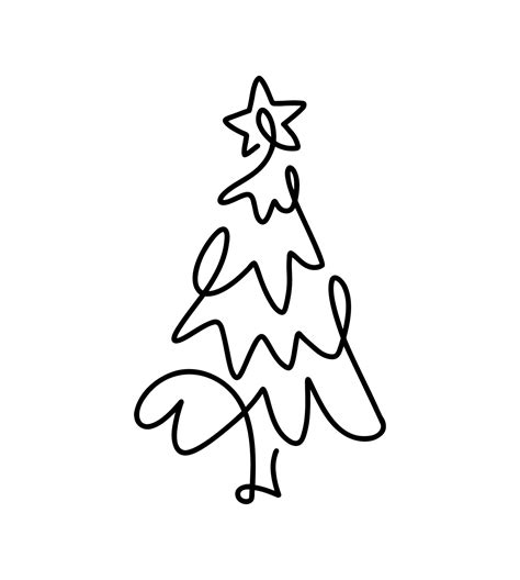 Christmas Vector Pine Fir Tree One Line Art With Star Continuous One