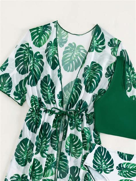 Conjunto De Mai Bikini Estampa Tropical Para Meninas Pr Adolescentes Quimono Para