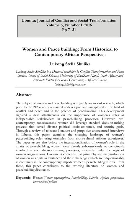 Pdf Women And Peace Building From Historical To Contemporary African Perspectives