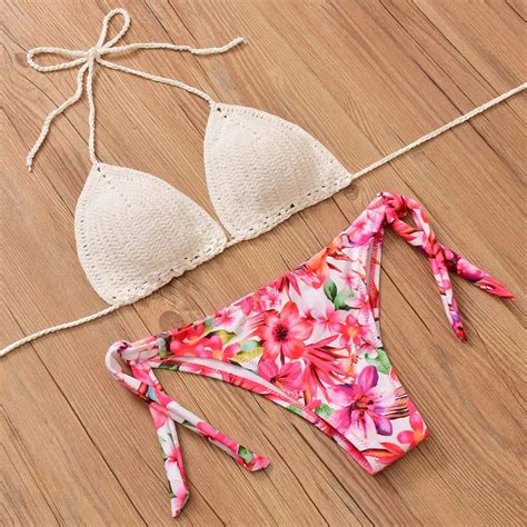 Summer Women S Sexy Bikini Swimsuit Knitting Swimwear Set Lady Print Lace Bikini Split