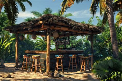 Idyllic Beach Bar With Thatched Roof Surrounded By Lush Palm Trees In A