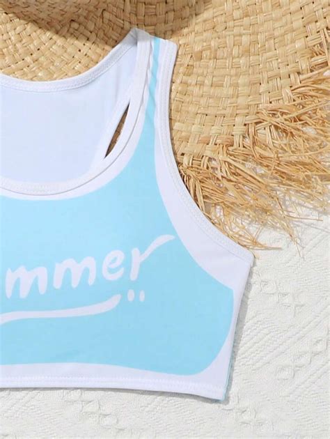 Tween Girl Letter Graphic Contrast Binding Bikini Set With Beach Skirt Summer Beach SHEIN USA