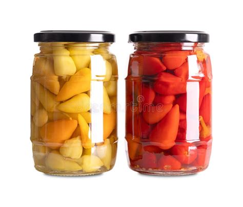 Yellow And Red Hot Baby Peppers Small Hot Chilis Pickled In Glass Jars Stock Image Image Of
