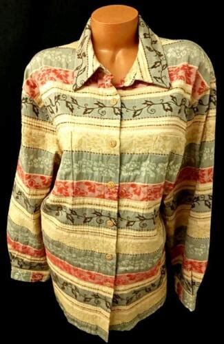 Alfred Dunner Beige Striped Floral Print Button Down Long Sleeve Top