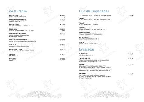 Carta del restaurante El Porteño Prohibido, Milan