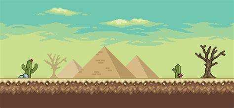 Pixel Art Desert Game Scene With Palm Tree Pyramids Cactuses Tree