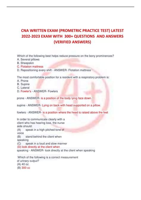 CNA WRITTEN EXAM PROMETRIC PRACTICE TEST LATEST EXAM WITH 300