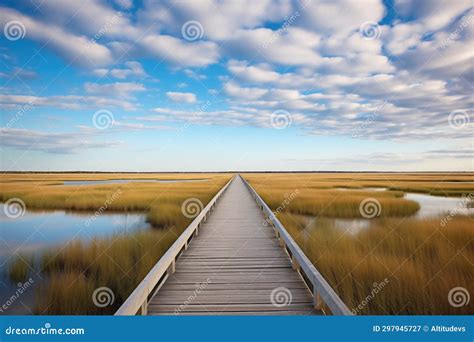 Perspective Shot Of A Long Wooden Walkway Over A Marsh Stock Image