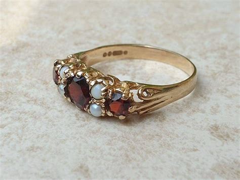 Garnet And Seed Pearl Ring In 9ct Gold Gems Afire Preloved Vintage