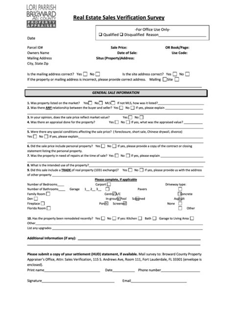 Real Estate Sales Verification Survey Form Florida Broward County