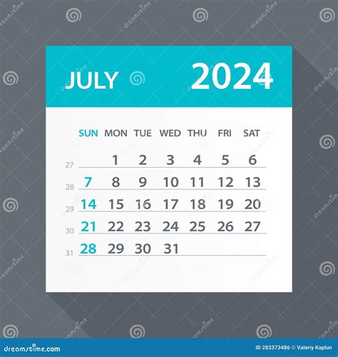 July 2024 Calendar Green Leaf Vector Illustration Stock Vector