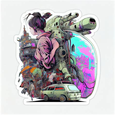 Аниме-стикер с девушкой и машиной с гигантской машиной с генеративным ...