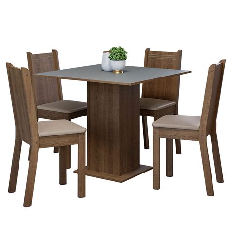 Juego De Comedor Mesa Tablero De Madera 4 Sillas Marrón Gris Sintético