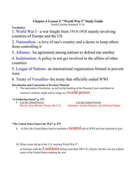 Chapter 6 Lesson 3 World War I” Study Guide