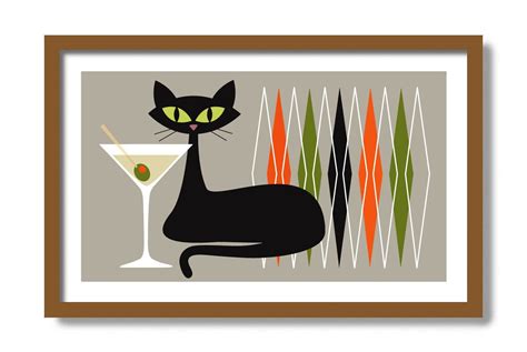 Mid Century Modern Art Black Cat Art Print Martini Art Gin Etsy