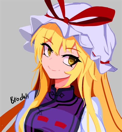 Brodall Pixel Yakumo Yukari Touhou 1girl Artist Name Blonde Hair Dress Grey Background