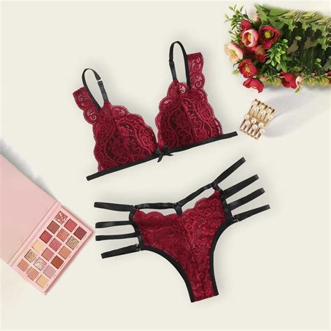 Erotic Lingerie Set Red Floral Summer Sexy Bra Lace V Neck Sleeveless Sling G String Underwear
