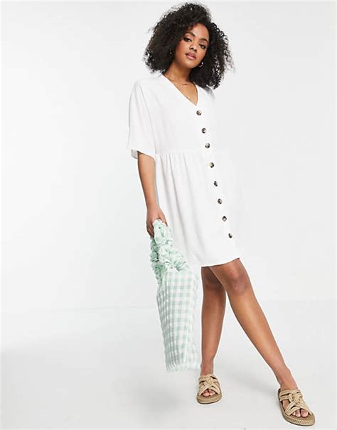 Asos Design V Neck Button Through Mini Smock Dress In White Asos