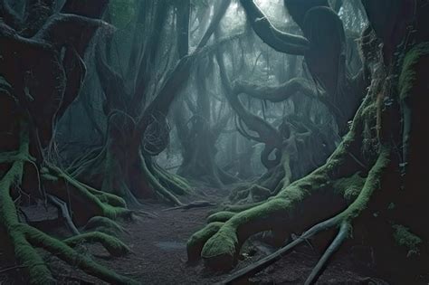 premium photo path  dark misty fairy tale forest generative ai
