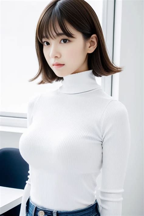 White Turtleneck Shirt Very Big Boobs Colossal Tits Wearing Turtleneck SeaArt AI