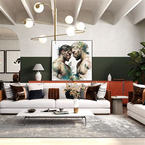 Male Gay Couple Romantic Digital Art Ai Generated Realistic Watercolor Painting Wall Art