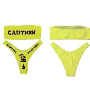Swim Caution Slippery When Wet Yellow Bandeau High Leg Bikini Set Poshmark