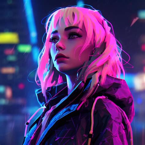 Premium AI Image A Wide Angle Photo Of A Blonde Cyberpunk Girl With No Glowing Blue Eyes Ina