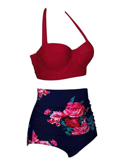 Buy Womens Vintage Underwire High Waisted Bathing Suits Backless Bikini Red Flower Print