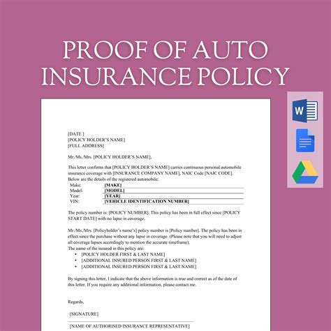 Proof of Auto Insurance Policy Template | Car Vehicle Insurance Policy