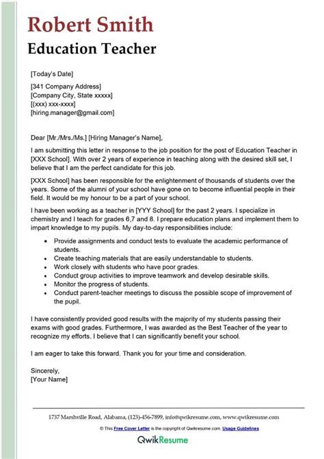 Education Teacher Cover Letter Examples Qwikresume