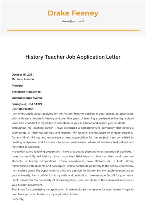 Free History Teacher Job Application Letter Template to Edit Online