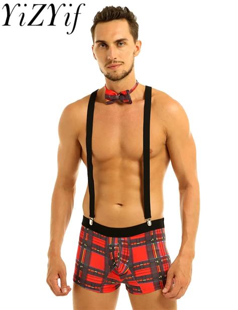 Sexy Waiter Roleplay Costumes Mens Plaid Boxer Briefs Lingerie Set Male Gay Nightclub Rave