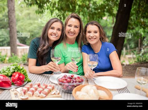 Portrait Of Three Mature Women Enjoying Barbeque Party Drinking Wine And Smiling Stock Photo