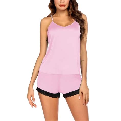 Ensemble Caraco Et Shorty Pour Femme Sexy Lingerie De Nuit Satin Silk Babydoll Lace Up