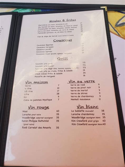 Menu au Bar Auprès De Ma Blonde Montréal