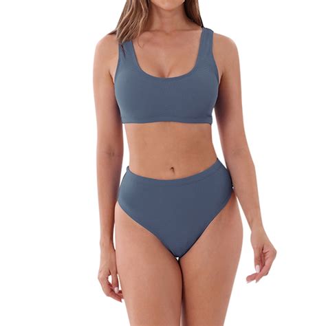 Byhong Womens Sexy Solid Color Plus Size Two Piece Bikini Swimsuit High Waist Beach