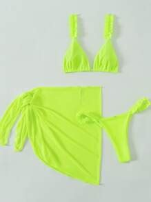 Pack Neon Lime Triangle Thong Bikini Swimsuit Beach Skirt Shein Usa