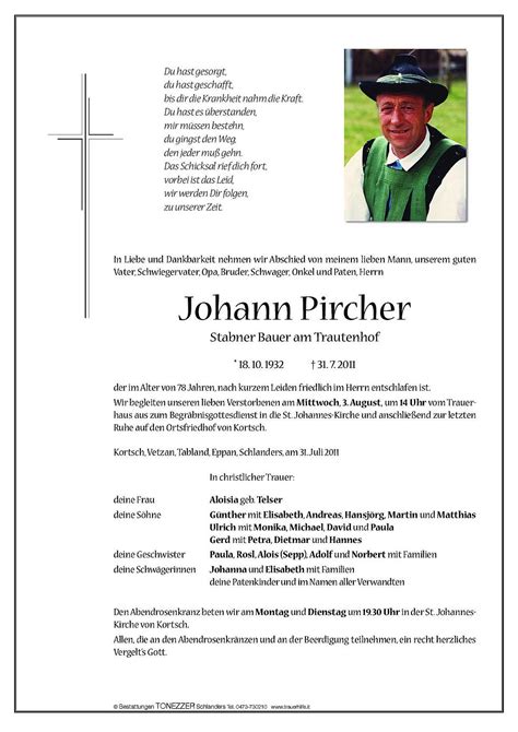 Johann Pircher Aus Schlanders Trauerhilfe It Das S Dtiroler