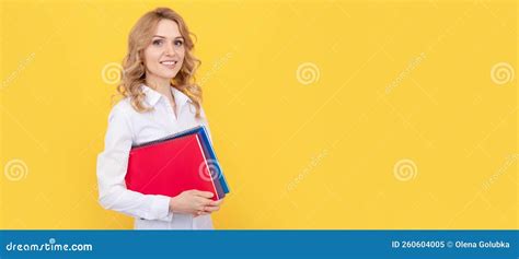 Happy Blonde Businesswoman Woman In White Shirt Hold Notepad Or Notebook School Teacher Woman