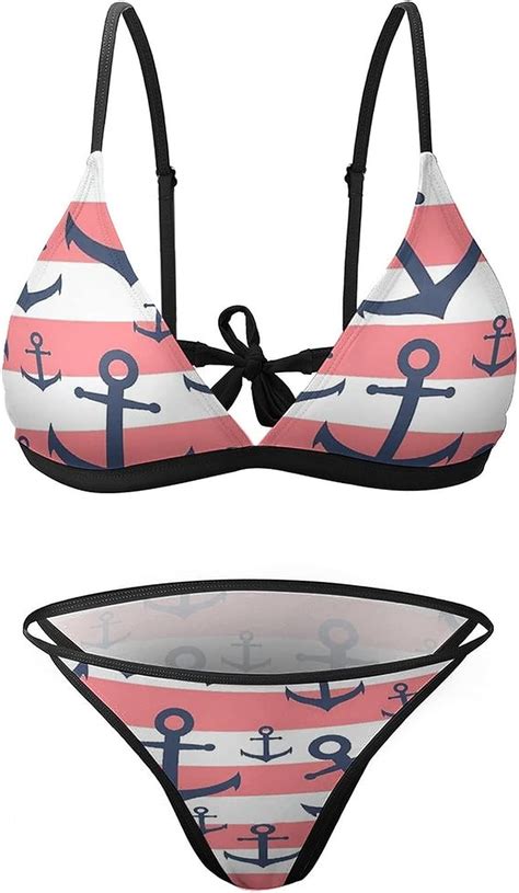 Amazon Nautical Coral Stripe Navy Blue Anchor Pattern Bikini Women