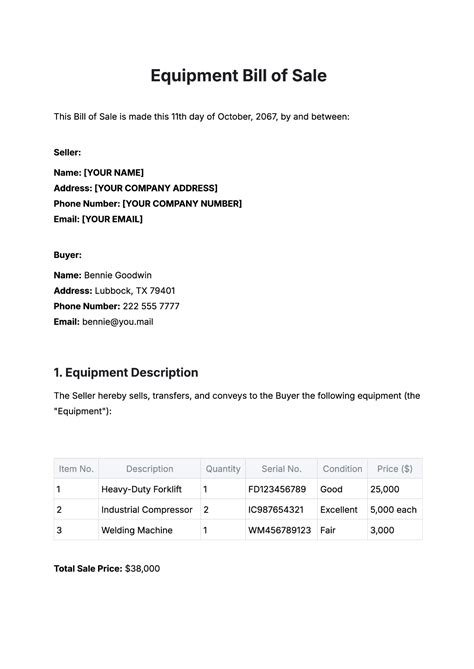 Free Equipment Bill Of Sale Templates Editable And Printable
