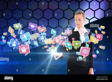 Blonde Businesswoman Touching App Icon Interface Stock Photo Alamy